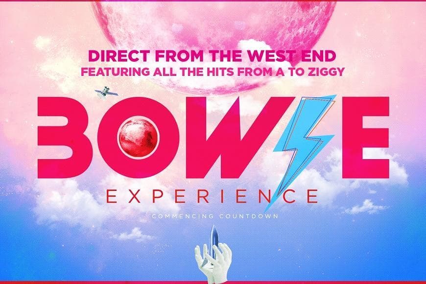 Pink text saying Bowie Experience, which the I in Bowie is a blue lightning bolt