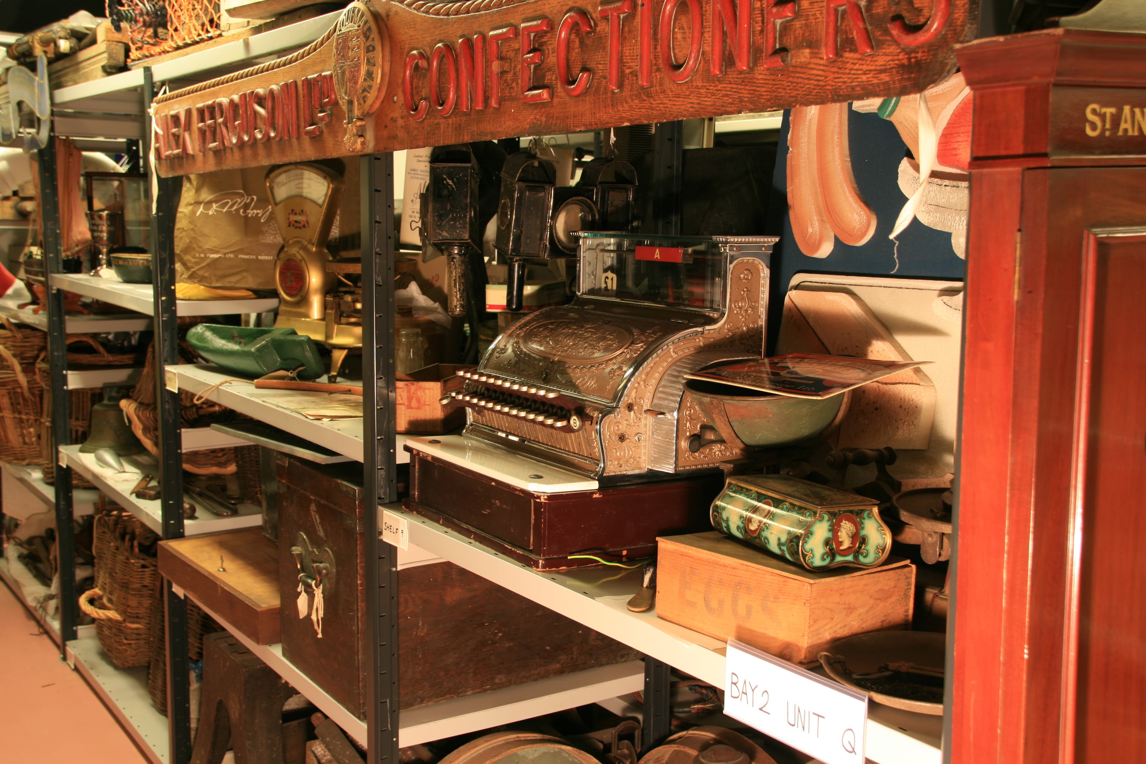A large room showcasing numerous items displayed on extensive shelves.