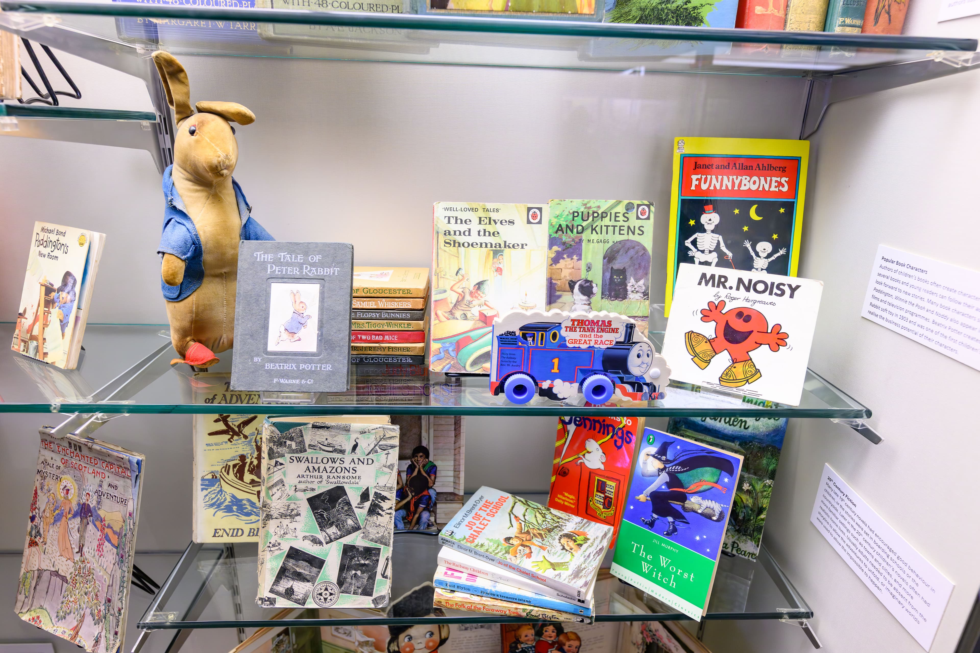 A glass shelf displaying a collection of various books and Peter Rabbit toy arranged neatly.