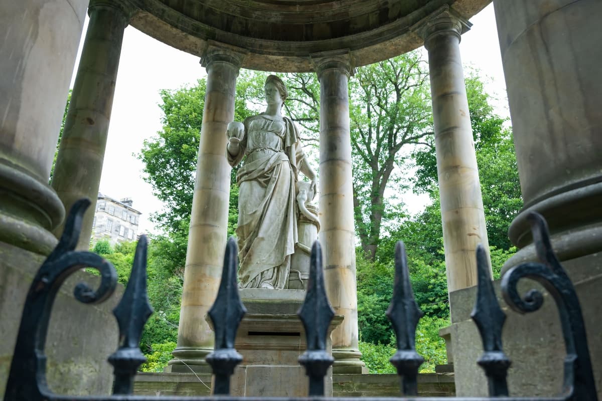 A statue of the Greek goddess Hygeia stands prominently in the centre of the monumemt called St Bernard's Well in Edinburgh.