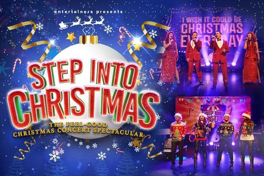 Image of a white christmas bauble against a blue background with red text that reads 'Step into Christmas'