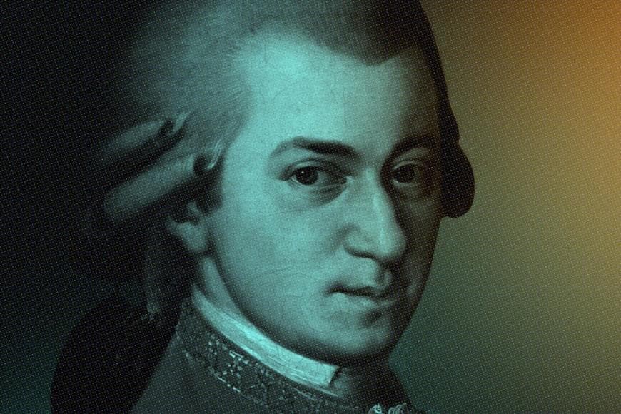Drawing of Mozart with blue wash over the image