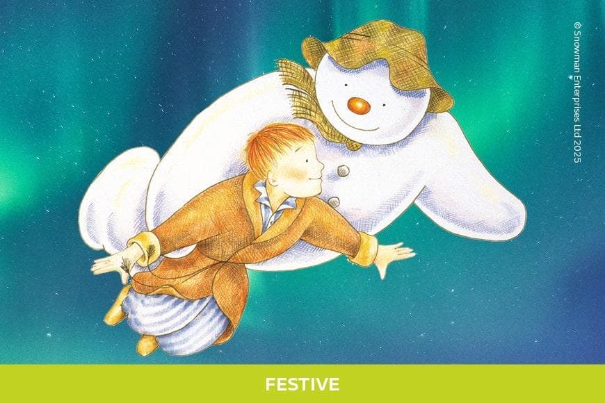 Image from the film The Snowman featuring the boy and snowman flying.